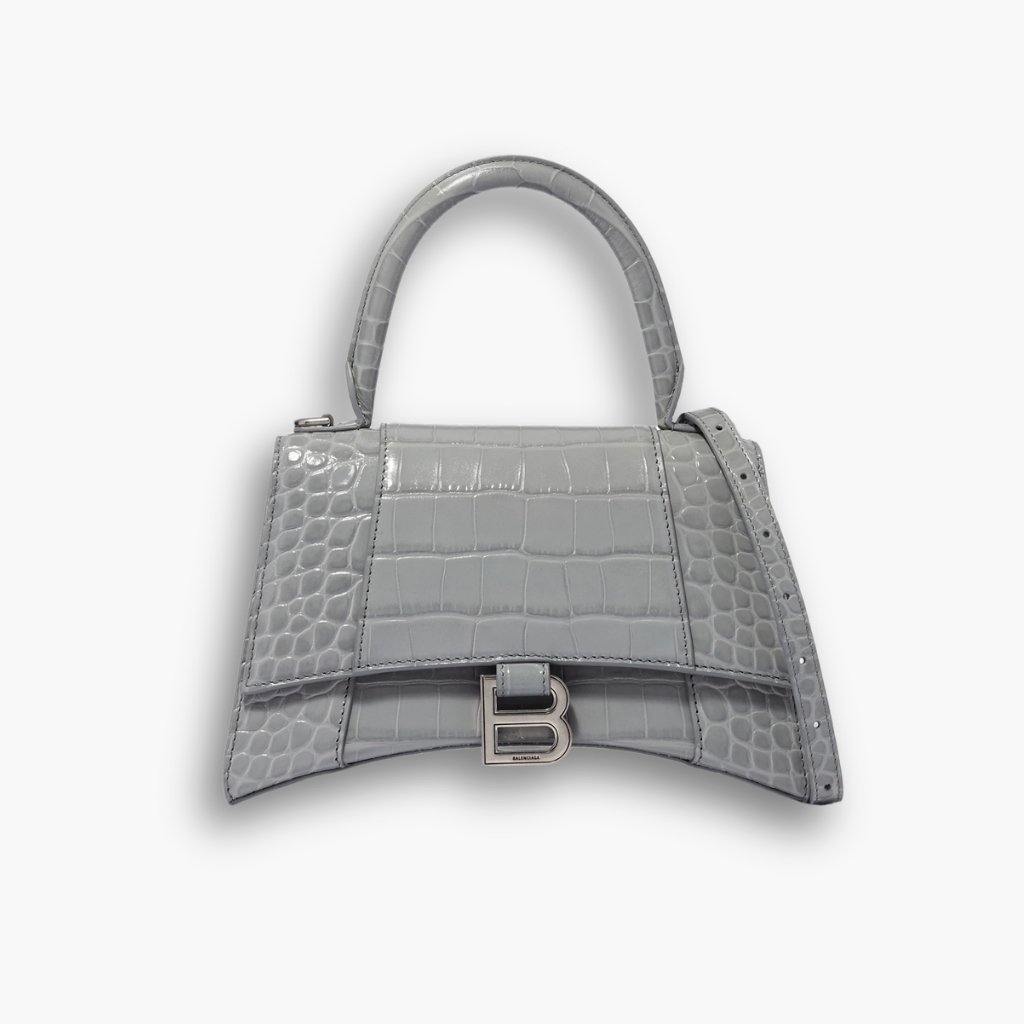 17-1-2 Balenciaga Hourglass Small Top Handle in Shiny Croco Leather Bag Grey 23cm - Image 1