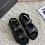 Chanel CC Button Velcro Black Sandals Grained Leather - Image 3