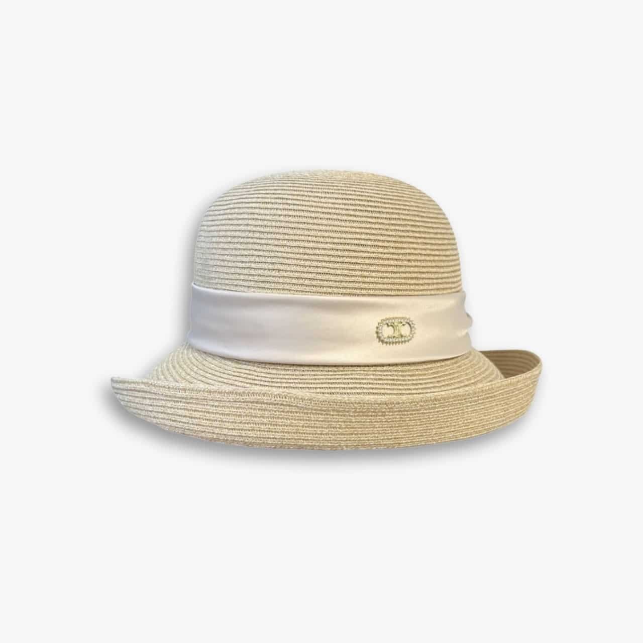 23-1-2 Celine Raffia Curled Brim Hat With Satin White - Image 1
