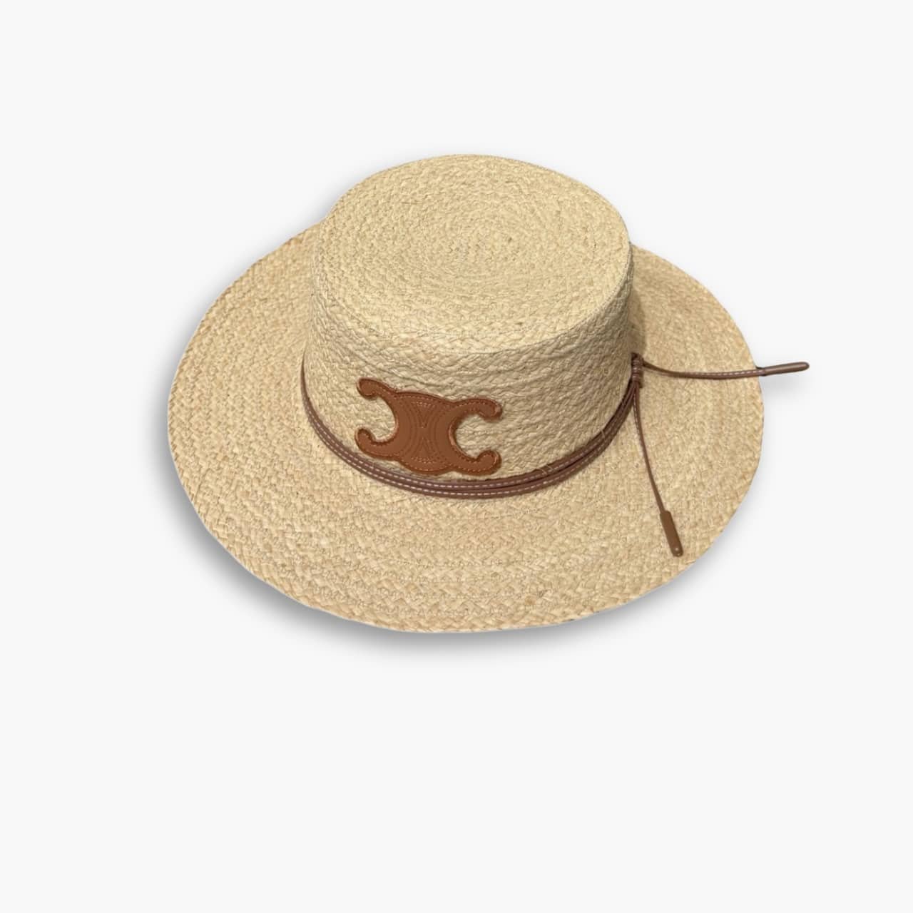 24-1-4 Celine Flat Crown Raffia Hat Emblem In Brown - Image 1