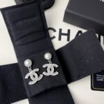 Chanel Double C Pearl Earrings Silver White - Image 2