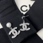 Chanel Double C Pearl Earrings Silver White - Image 4