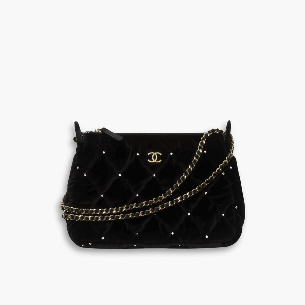 415-7 Chanel Velvet Crystal Quilted Chain Hobo Bag In Black 22Cm AP4861 B17652 93405 - Image 1