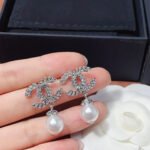 Chanel CC Pearl Earrings Silver - Image 6