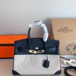 Hermes Toile Birkin Bag Black And Beige 30Cm - Image 3