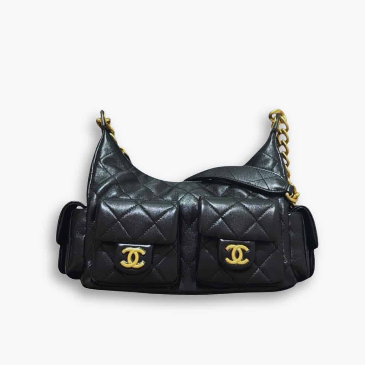 483-2-2 Chanel Maxi Hobo Bag Gold Tone Metal Black 25Cm - Image 1