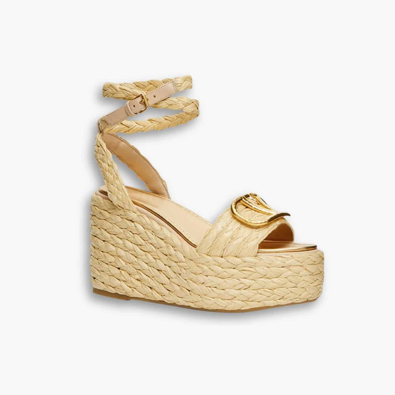 497-5 Valentino Garavani Vlogo Raffia Platform Wedge Sandals Natural - Image 1
