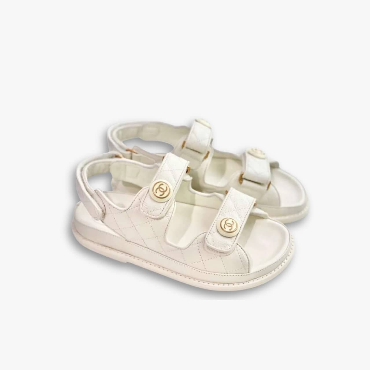 498-3 Chanel CC Button Velcro White Sandals Grained Leather - Image 1