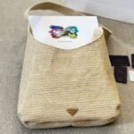 Prada Logo Embossed Raffia Shoulder Bag Beige 33cm 1BC186VOUO2A2T - Image 4