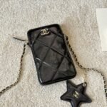 Chanel Phone Holder With Chain Shiny Crumpled And Gold Tone Metal Black 18Cm AP4777 B21296 94305 - Image 3