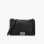 Chanel Boy Chevron Medium Handbag In Silver Black 25cm