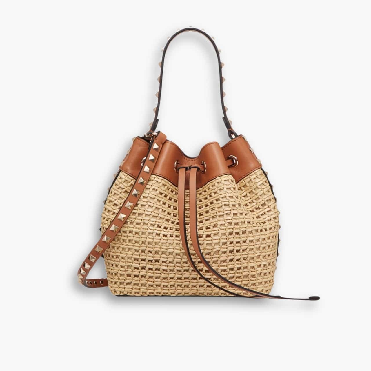 ELG_LVB1002-2-4 Valentino Rockstud Woven Bucket Bag Brown 19cm - Image 1
