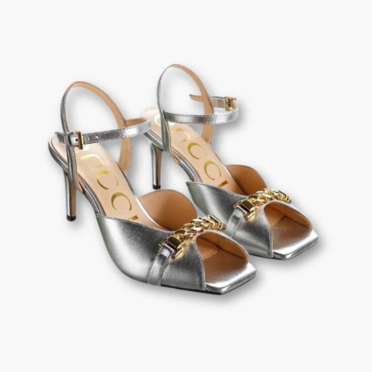ELG_LVS1007-1-8 Gucci Metal Chain Mule Heels Sandals In Silver - Image 1