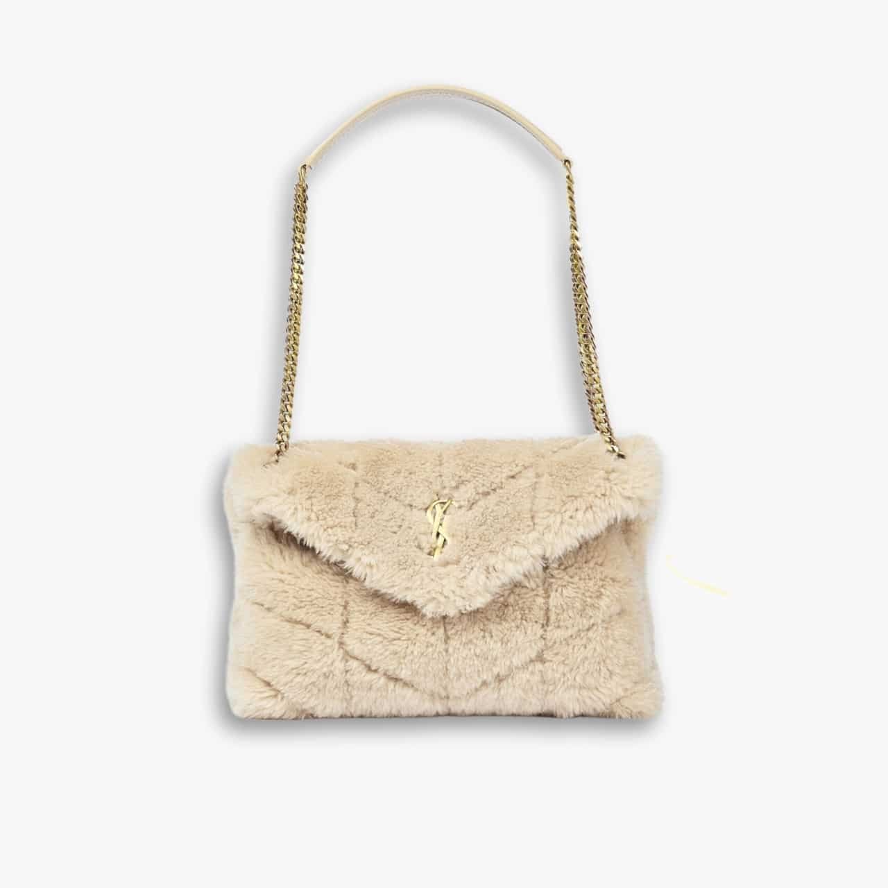 ELG_TNB1150-3 Saint Laurent Loulou Shearling Puffer Bag Beige 28cm - Image 1