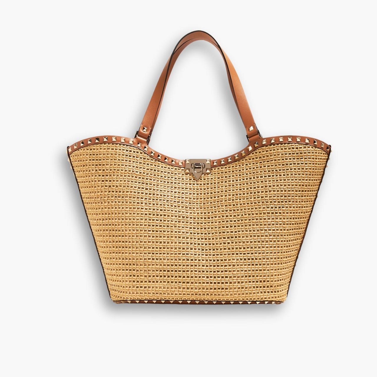 ELG_VLB1026-1 Valentino Garavani Rockstud Raffia Tote Bag Brown 31cm - Image 1