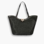 Valentino Garavani Rockstud Raffia Tote Bag Black 31cm