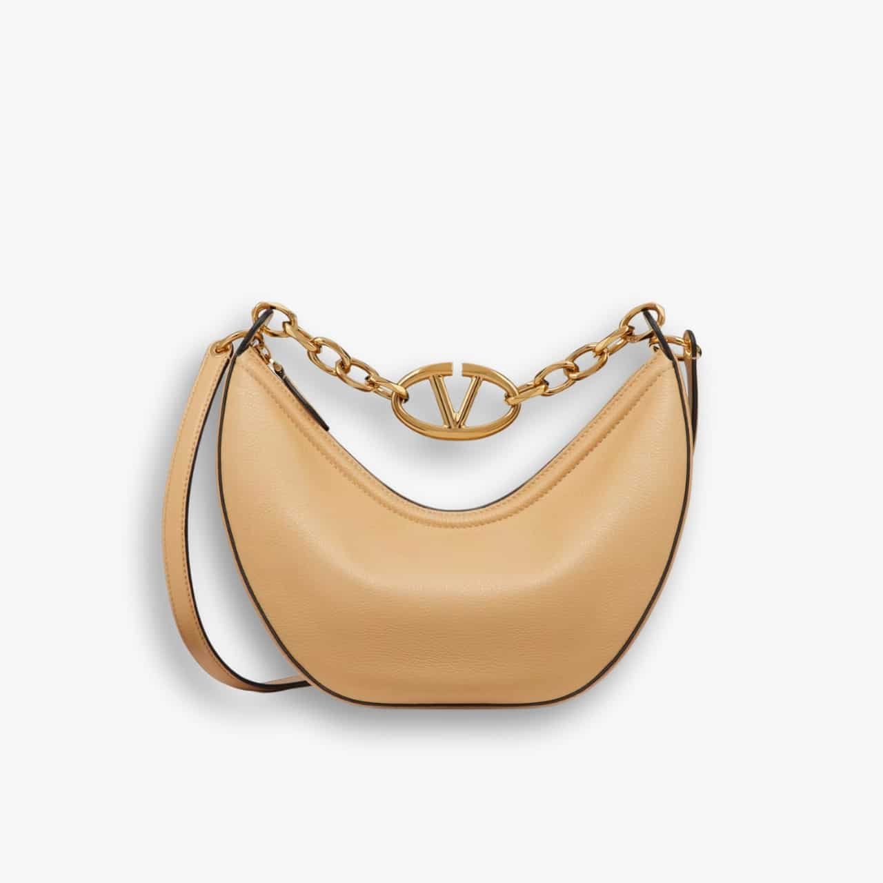ELG_VLB1043 Valentino Small Vlogo Moon Hobo Bag With Chain Beige 24cm - Image 1