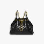 Chanel 25 Small Handbag Shiny Crumpled And Gold Tone Ruthenium Finish Metal Black 26Cm